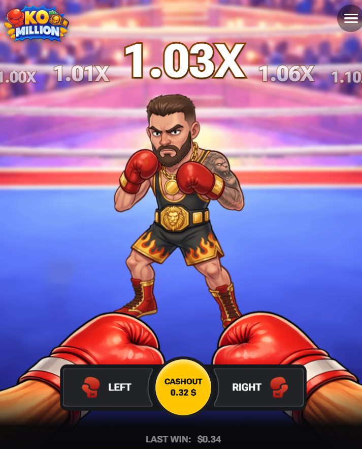 KO Million app demo casino soldi veri registrazione bonus, pulsanti Left, Right e Cashout su smartphone