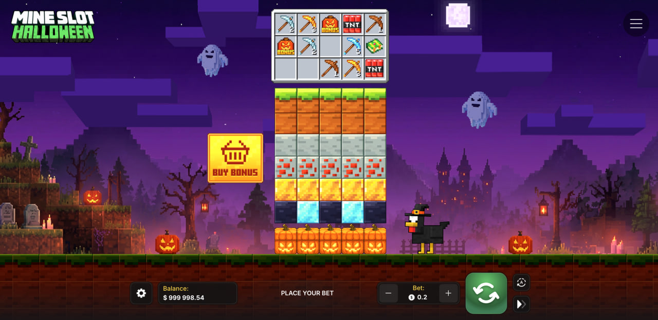 Mine Slot Halloween demo casino app bonus gratis, schermata con colonne di blocchi e pulsante Buy Bonus