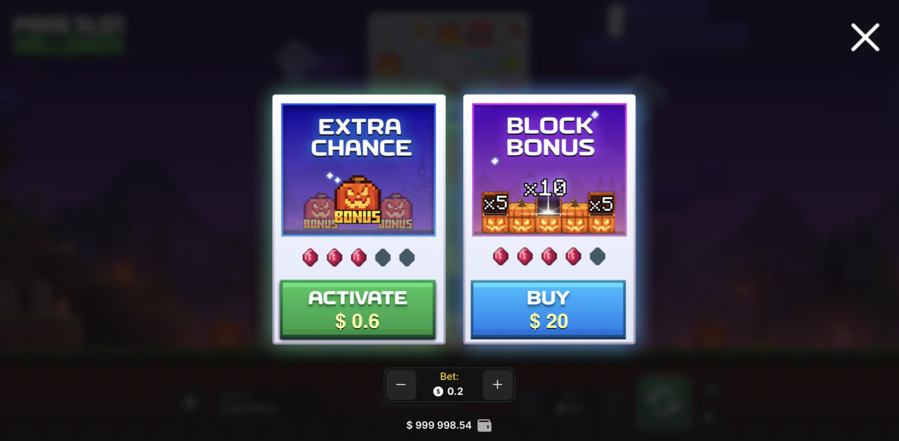 Mine Slot Halloween recensione casino bonus demo codice promo, finestra Extra Chance e Block Bonus su computer