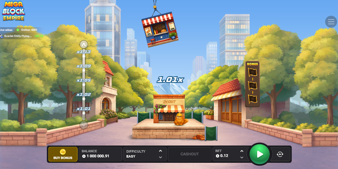 MegaBlock Empire demo casino gioco bonus gratis, gru che sgancia blocchi con moltiplicatore