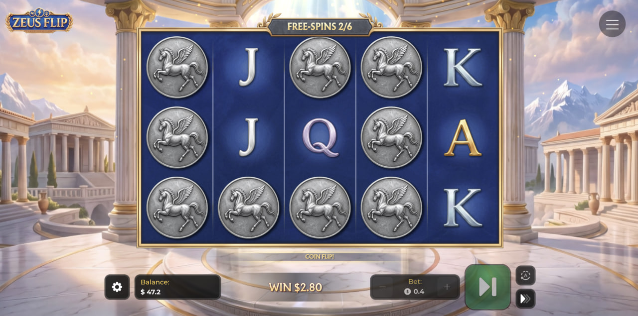 Zeus Flip demo casino bonus gratis gioco, rulli durante i Free Spins con monete Pegaso